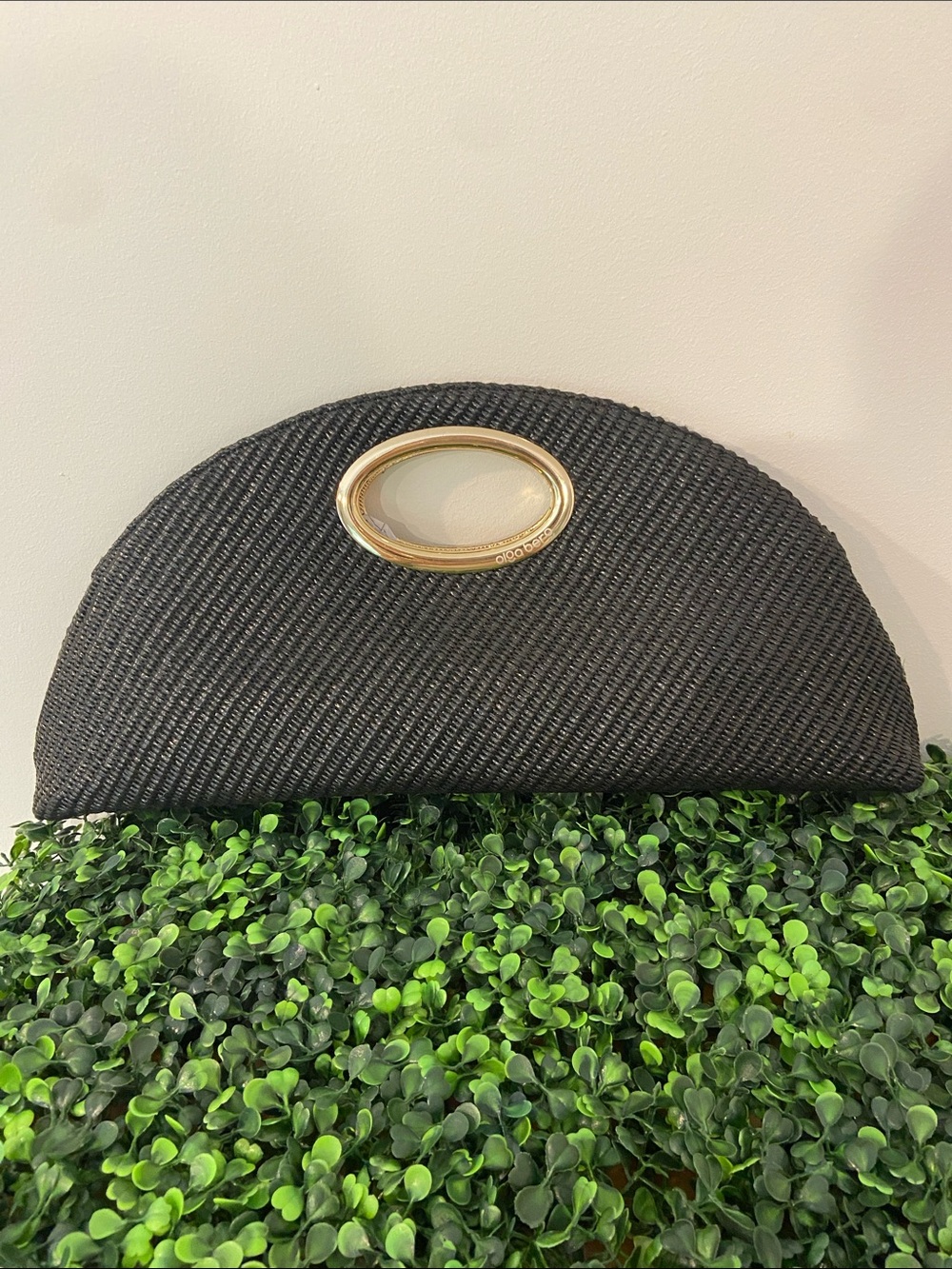 Olga Berg Black Woven Half-Moon Clutch with Gold Oval Handle